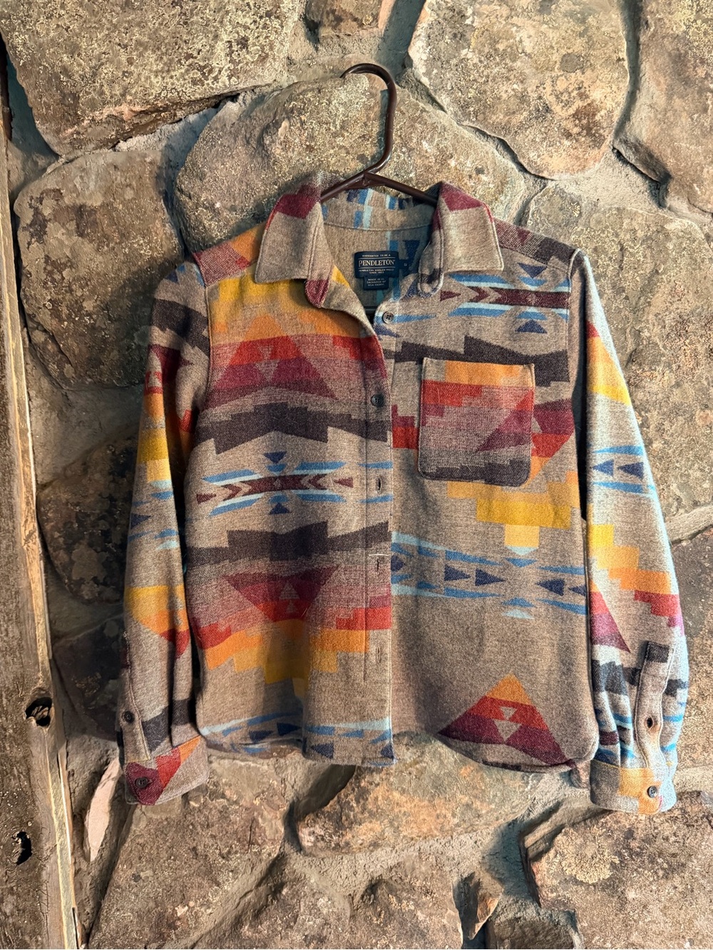 Pendleton Taupe Wool Shirt Jacket with Multicolor Geometric Pattern